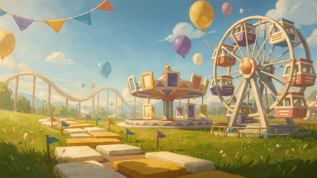 Painted illustration of a sunny learning amusement park — a ferris wheel with book gondolas, a carousel of floating pages and a winding stepping-stone path